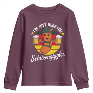 Funny Oktoberfest Youth Sweatshirt Just Here for Schitzengiggles German Flag TS10 Maroon Print Your Wear