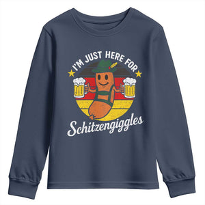 Funny Oktoberfest Youth Sweatshirt Just Here for Schitzengiggles German Flag TS10 Navy Print Your Wear
