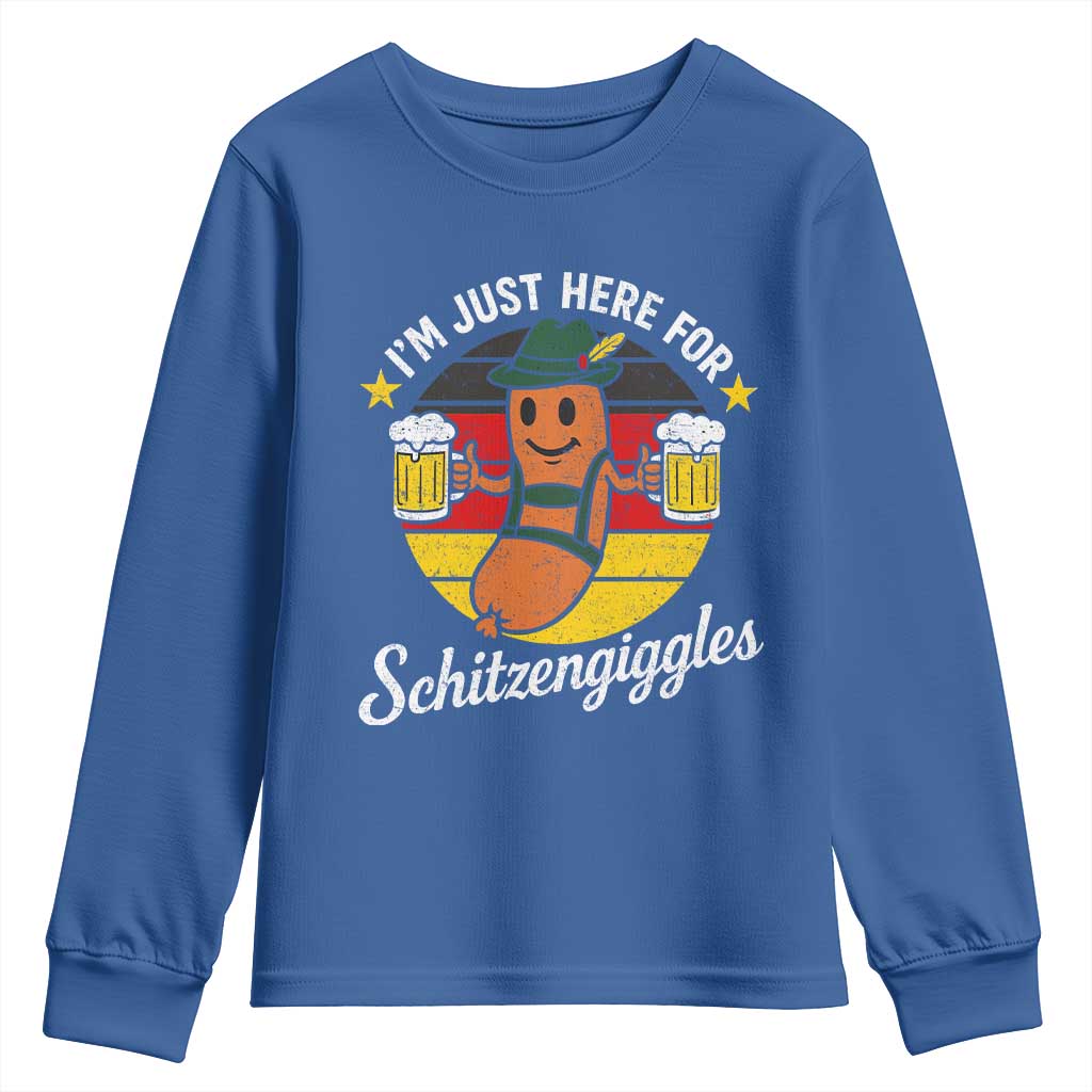 Funny Oktoberfest Youth Sweatshirt Just Here for Schitzengiggles German Flag TS10 Royal Blue Print Your Wear