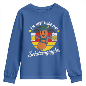 Funny Oktoberfest Youth Sweatshirt Just Here for Schitzengiggles German Flag TS10 Royal Blue Print Your Wear