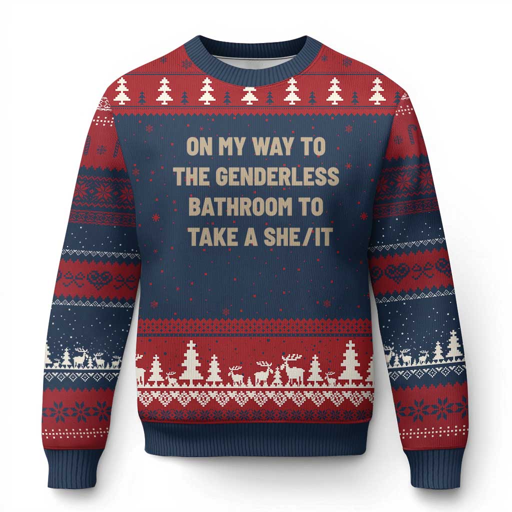 On My Way To The Genderless Bathroom To Take a She/It Ugly Christmas Sweater TS10 Navy Red Print Your Wear
