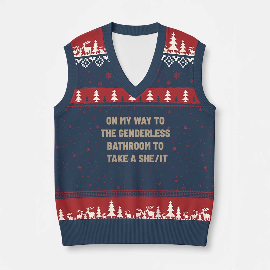 On My Way To The Genderless Bathroom To Take a She/It V-Neck Knit Sweater Vest
