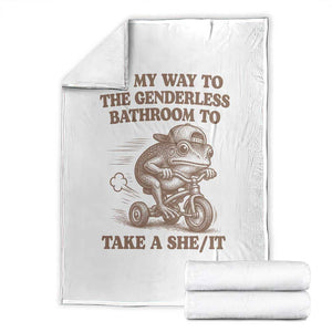 On My Way To The Genderless Bathroom To Take a She/It Throw Blanket Funny Frog Graphic