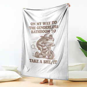 On My Way To The Genderless Bathroom To Take a She/It Throw Blanket Funny Frog Graphic