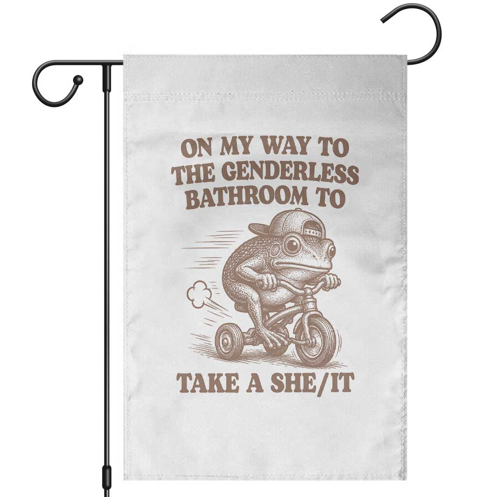 On My Way To The Genderless Bathroom To Take a She/It Garden Flag Funny Frog Graphic TS10 White Print Your Wear