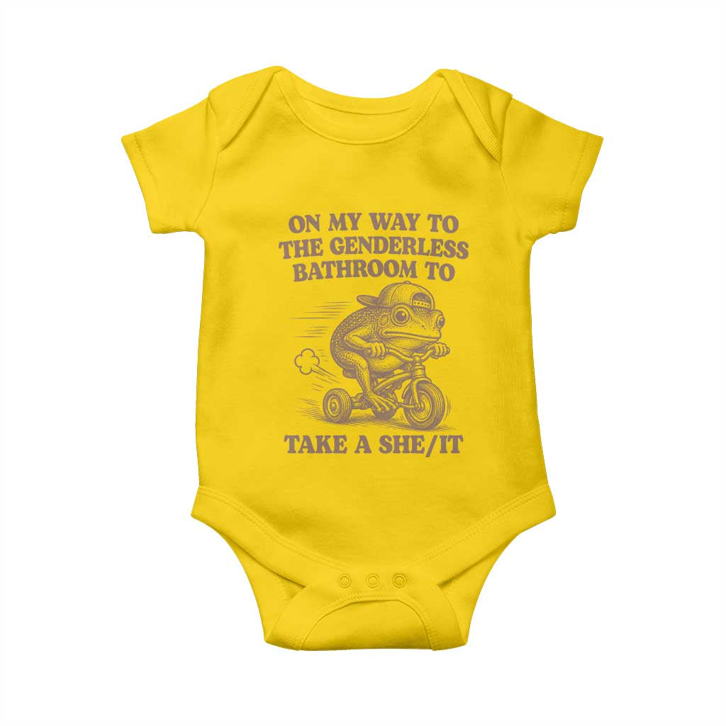 On My Way To The Genderless Bathroom To Take a She/It Baby Onesie Funny Frog Graphic