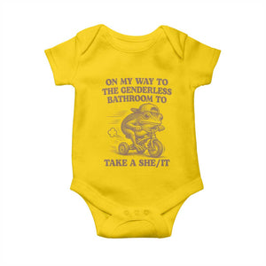 On My Way To The Genderless Bathroom To Take a She/It Baby Onesie Funny Frog Graphic