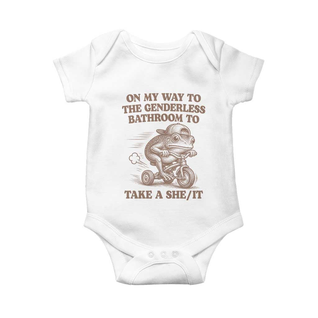 On My Way To The Genderless Bathroom To Take a She/It Baby Onesie Funny Frog Graphic TS10 White Print Your Wear