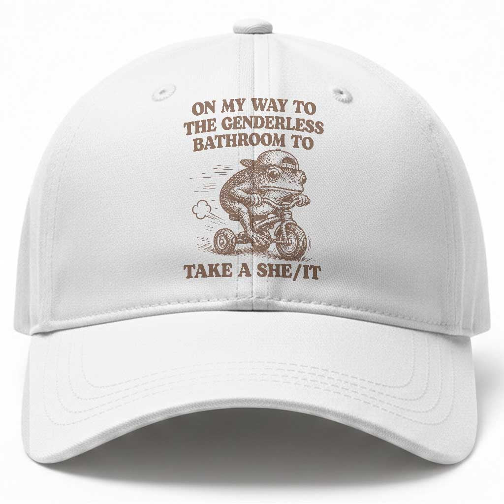 On My Way To The Genderless Bathroom To Take a She/It Baseball Cap Funny Frog Graphic