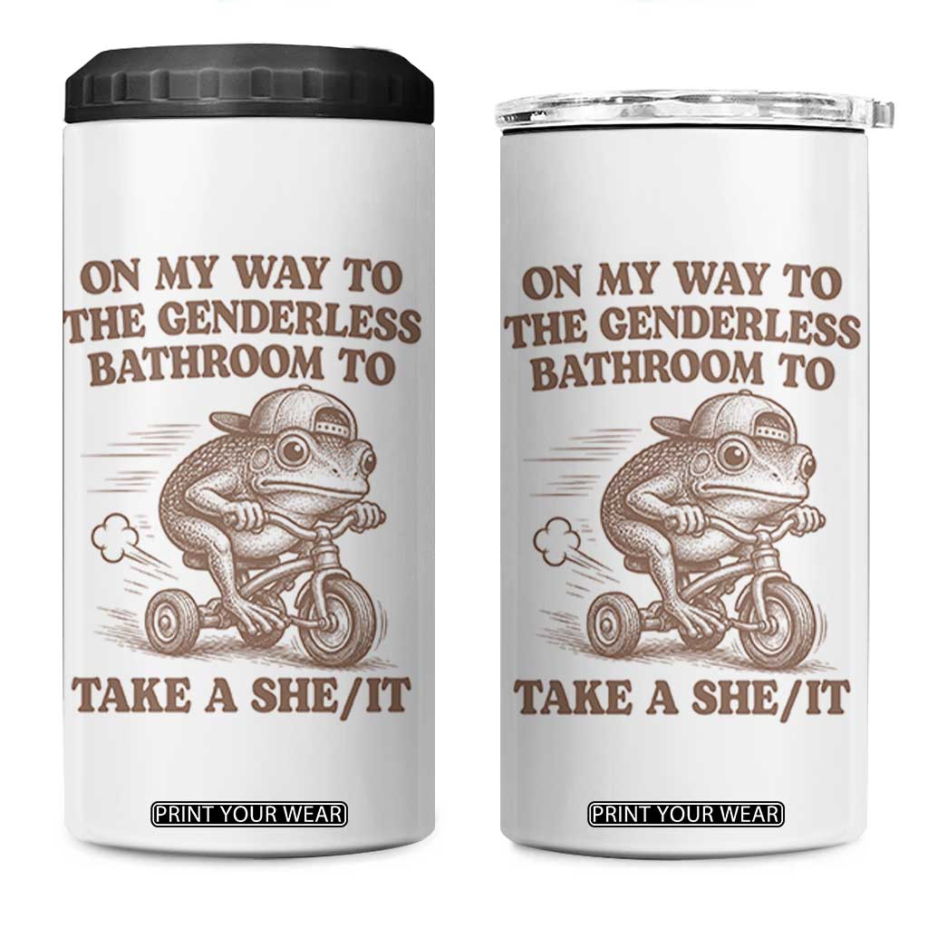 On My Way To The Genderless Bathroom To Take a She/It 4 in 1 Can Cooler Tumbler Funny Frog Graphic