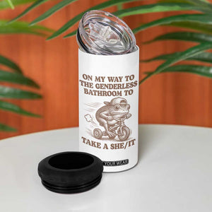 On My Way To The Genderless Bathroom To Take a She/It 4 in 1 Can Cooler Tumbler Funny Frog Graphic