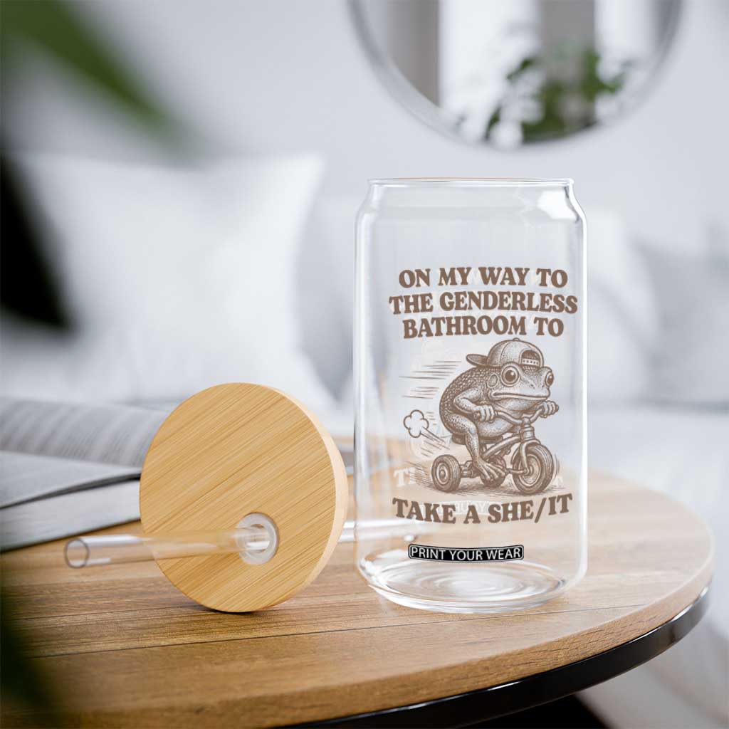 On My Way To The Genderless Bathroom To Take a She/It Glass Can Funny Frog Graphic
