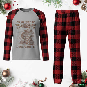 On My Way To The Genderless Bathroom To Take a She/It Plaid Pajama Set Funny Frog Graphic