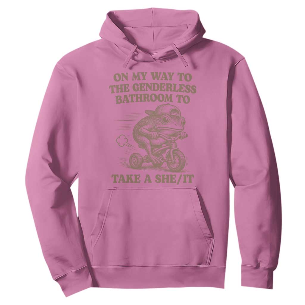On My Way To The Genderless Bathroom To Take a She/It Hoodie Funny Frog Graphic