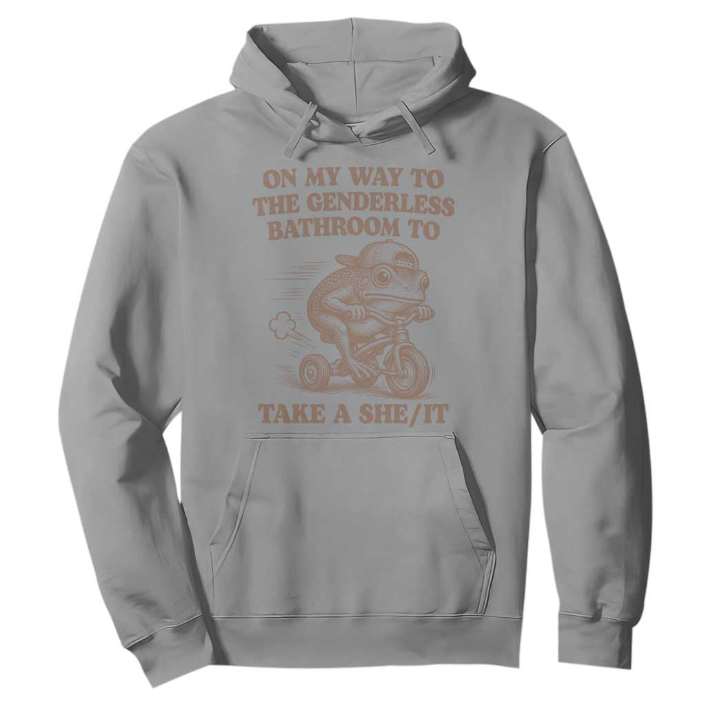 On My Way To The Genderless Bathroom To Take a She/It Hoodie Funny Frog Graphic