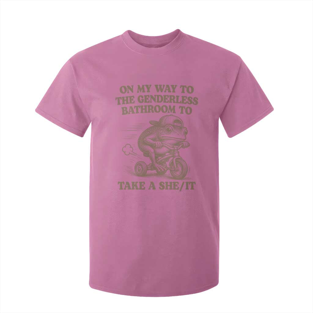 On My Way To The Genderless Bathroom To Take a She/It T Shirt For Kid Funny Frog Graphic