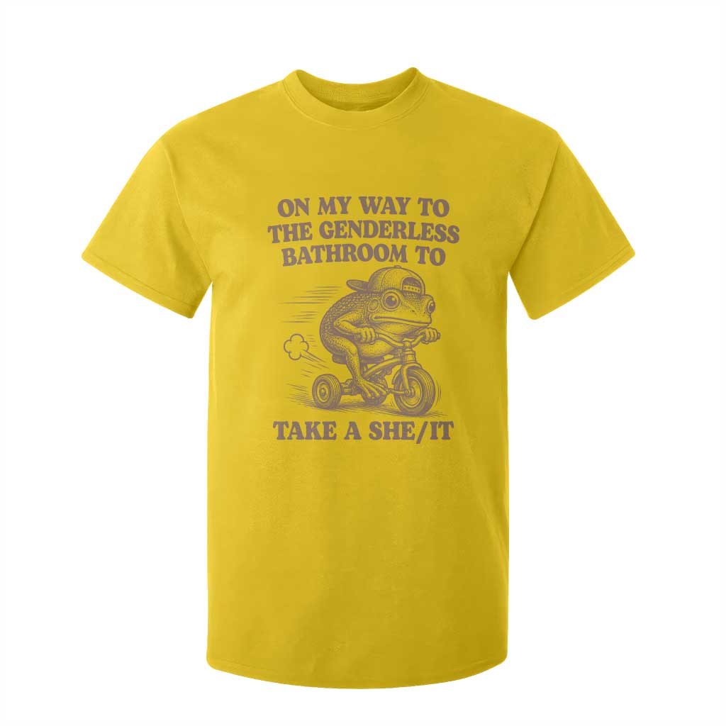 On My Way To The Genderless Bathroom To Take a She/It T Shirt For Kid Funny Frog Graphic