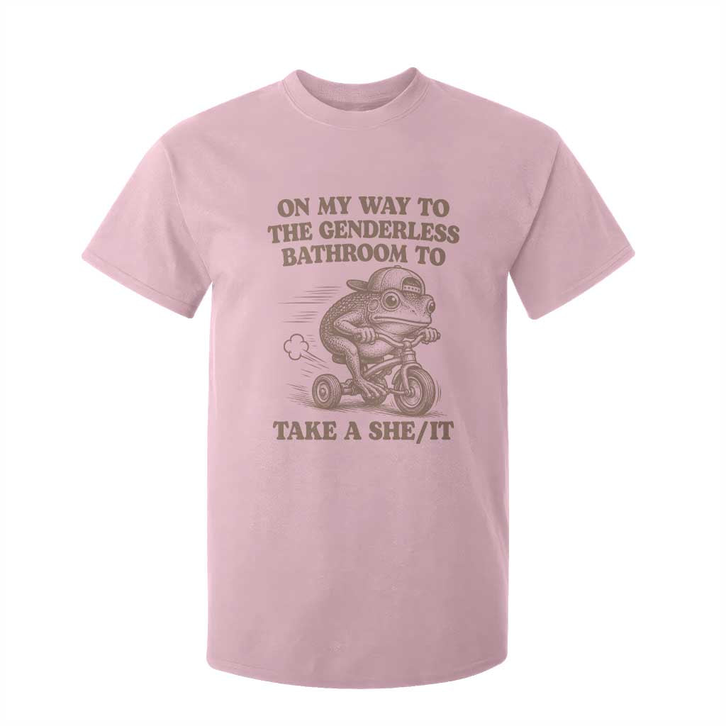 On My Way To The Genderless Bathroom To Take a She/It T Shirt For Kid Funny Frog Graphic