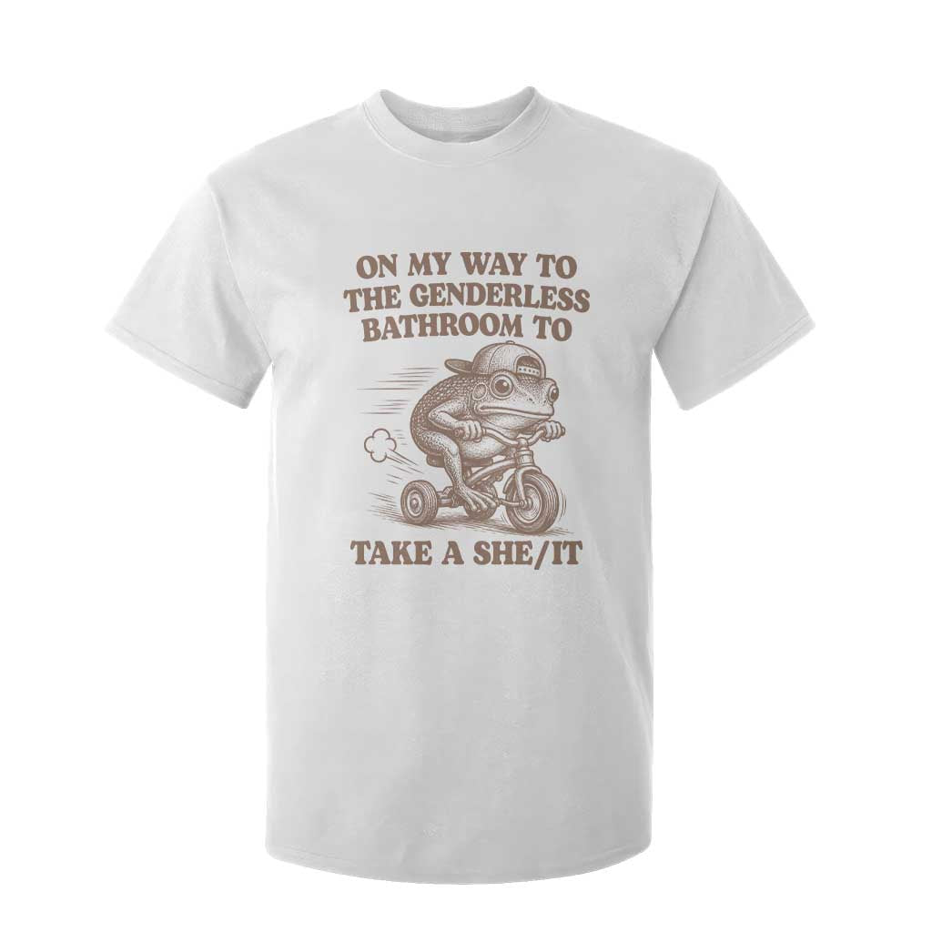 On My Way To The Genderless Bathroom To Take a She/It T Shirt For Kid Funny Frog Graphic