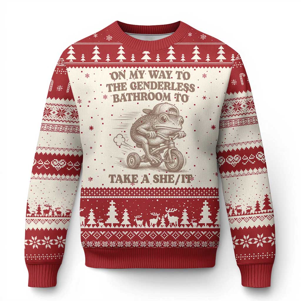 On My Way To The Genderless Bathroom To Take a She/It Ugly Christmas Sweater Funny Frog Graphic TS10 Beige Red Print Your Wear