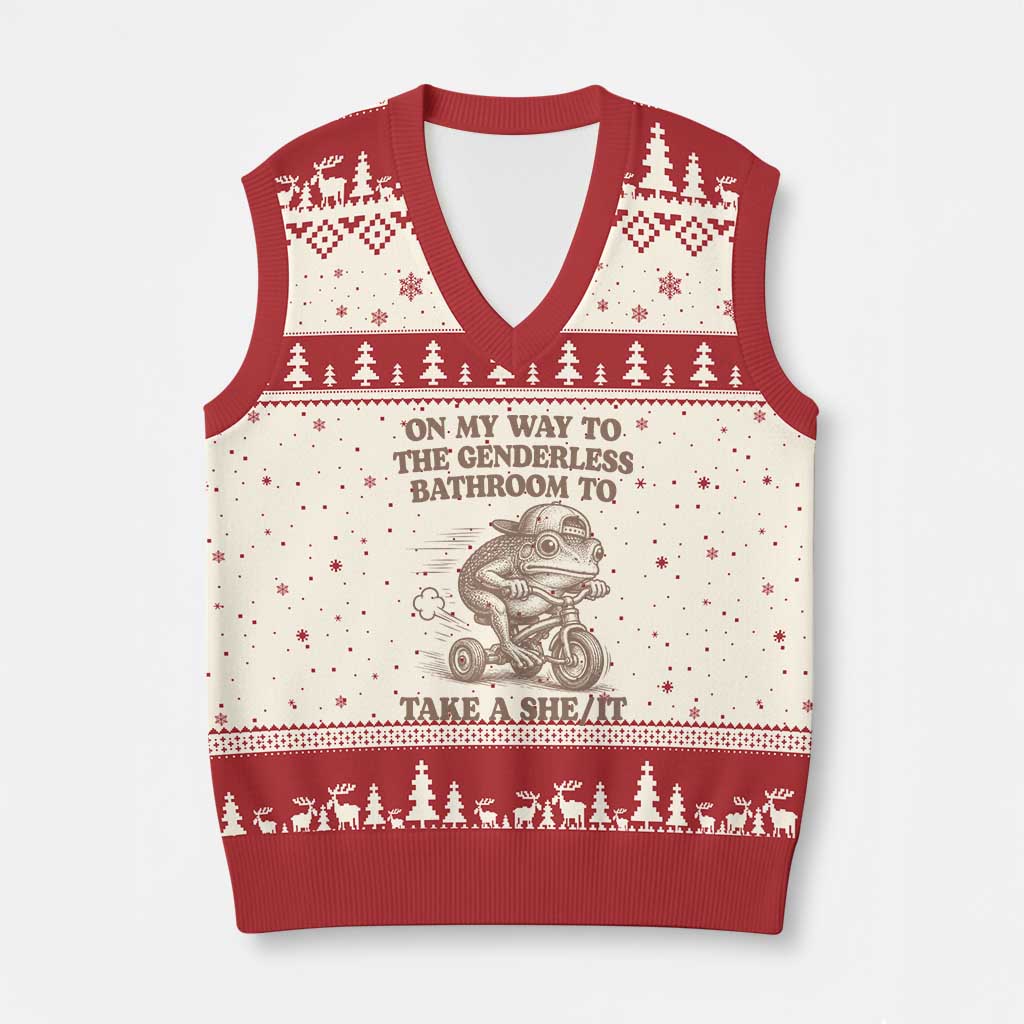 On My Way To The Genderless Bathroom To Take a She/It V-Neck Knit Sweater Vest Funny Frog Graphic TS10 Beige Red Print Your Wear