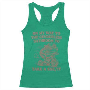 On My Way To The Genderless Bathroom To Take a She/It Racerback Tank Top Funny Frog Graphic