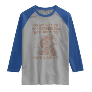On My Way To The Genderless Bathroom To Take a She/It Raglan Shirt Funny Frog Graphic