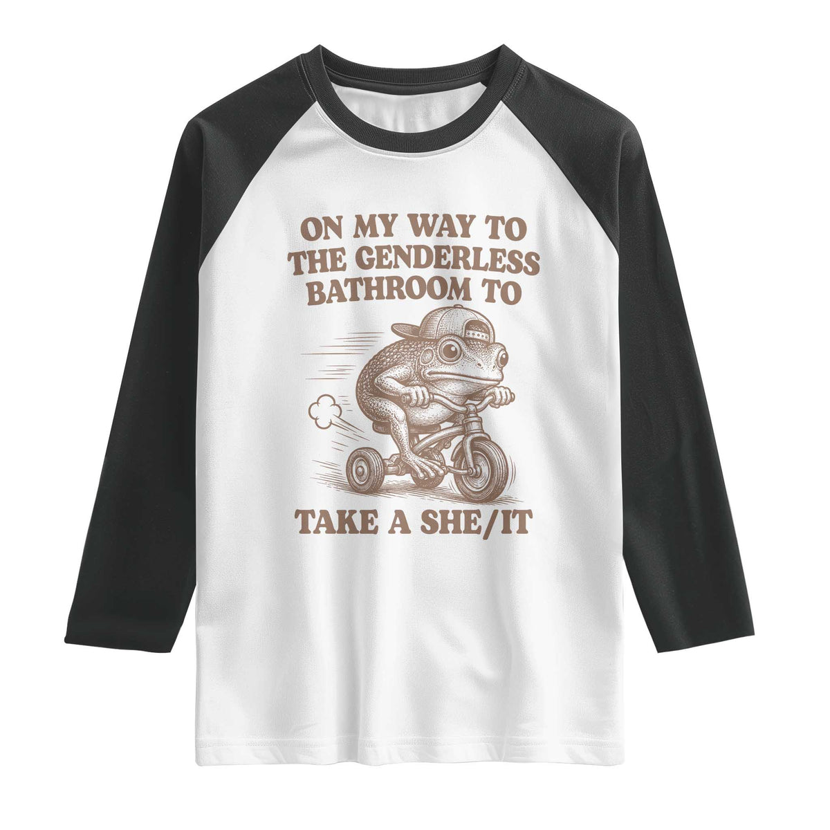 On My Way To The Genderless Bathroom To Take a She/It Raglan Shirt Funny Frog Graphic