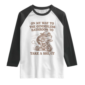 On My Way To The Genderless Bathroom To Take a She/It Raglan Shirt Funny Frog Graphic