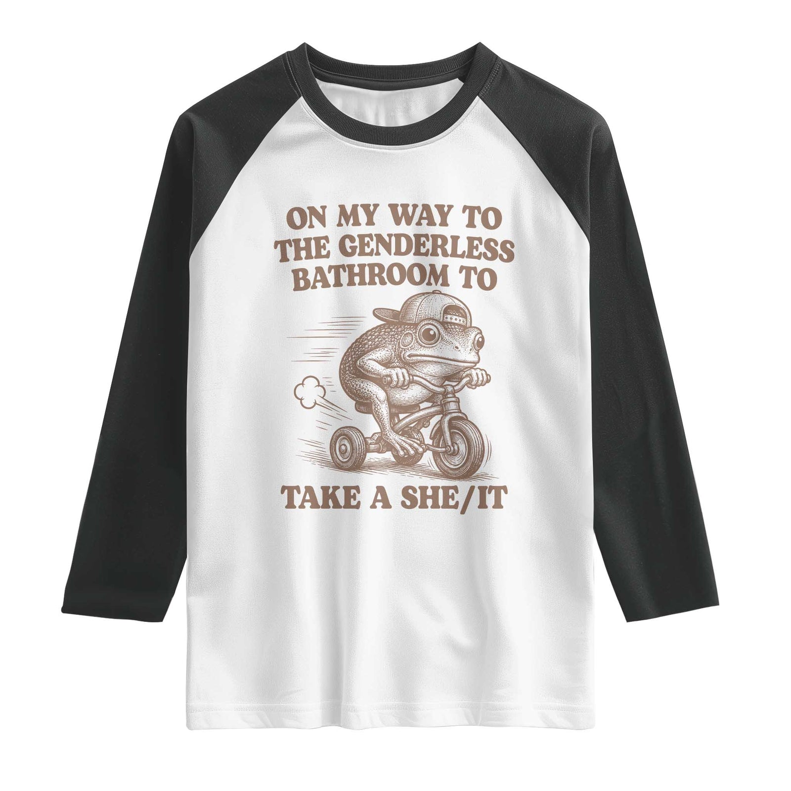 On My Way To The Genderless Bathroom To Take a She/It Raglan Shirt Funny Frog Graphic TS10 White Black Print Your Wear