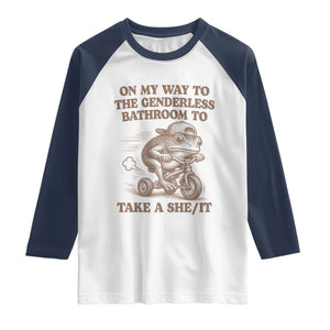 On My Way To The Genderless Bathroom To Take a She/It Raglan Shirt Funny Frog Graphic