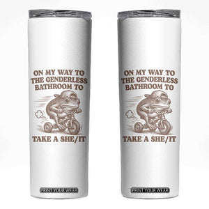 On My Way To The Genderless Bathroom To Take a She/It Skinny Tumbler Funny Frog Graphic
