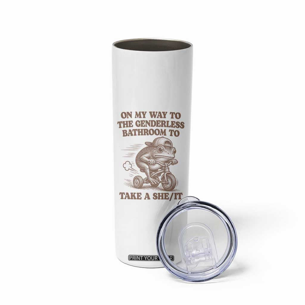 On My Way To The Genderless Bathroom To Take a She/It Skinny Tumbler Funny Frog Graphic