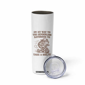 On My Way To The Genderless Bathroom To Take a She/It Skinny Tumbler Funny Frog Graphic