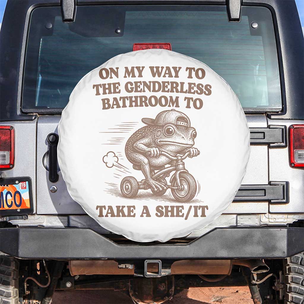 On My Way To The Genderless Bathroom To Take a She/It Spare Tire Cover Funny Frog Graphic TS10 No hole White Print Your Wear