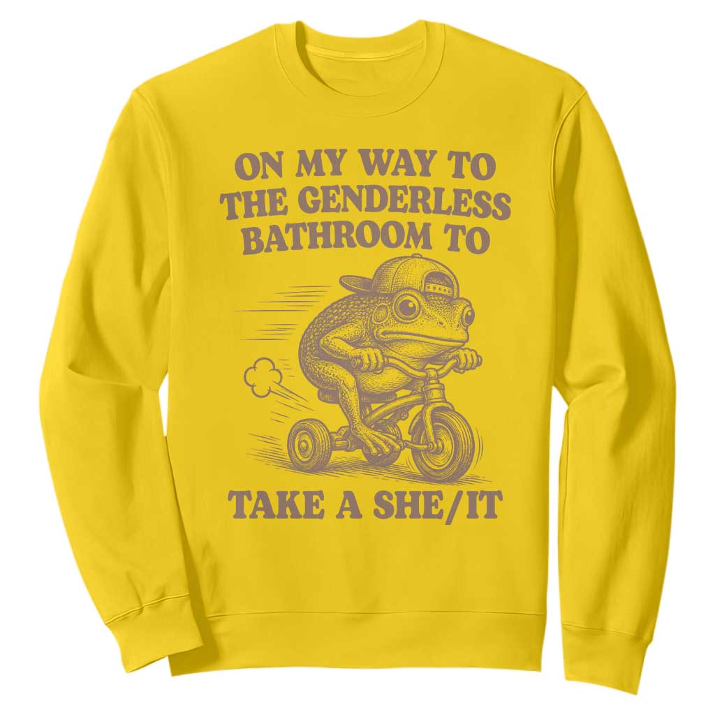 On My Way To The Genderless Bathroom To Take a She/It Sweatshirt Funny Frog Graphic