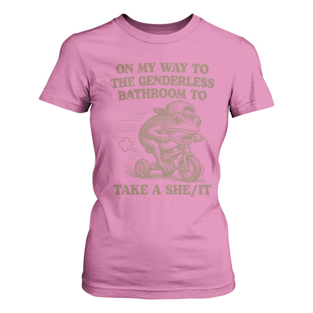 On My Way To The Genderless Bathroom To Take a She/It T Shirt For Women Funny Frog Graphic