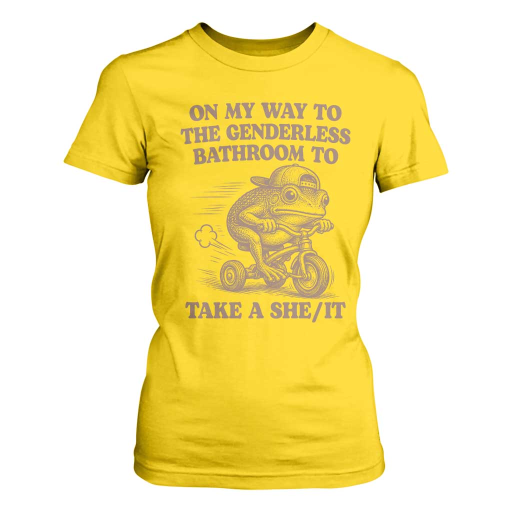 On My Way To The Genderless Bathroom To Take a She/It T Shirt For Women Funny Frog Graphic