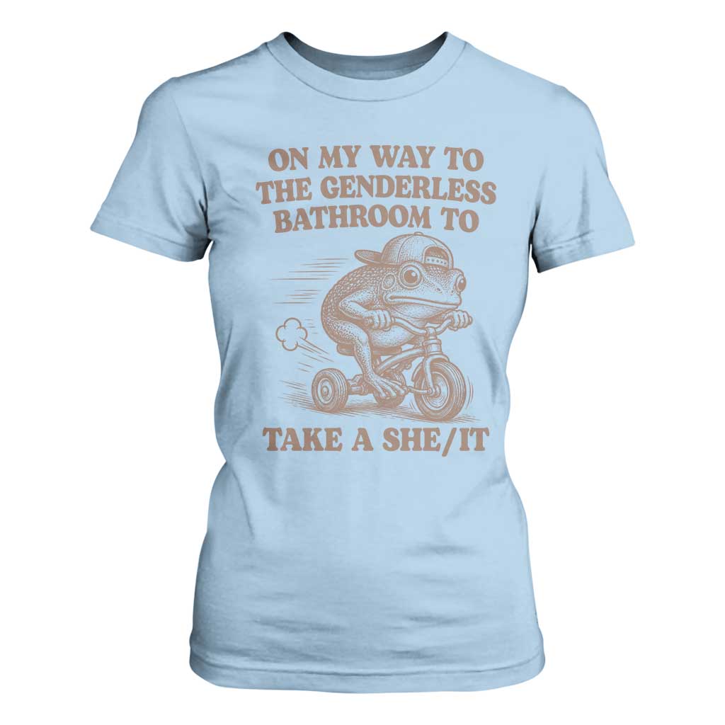 On My Way To The Genderless Bathroom To Take a She/It T Shirt For Women Funny Frog Graphic
