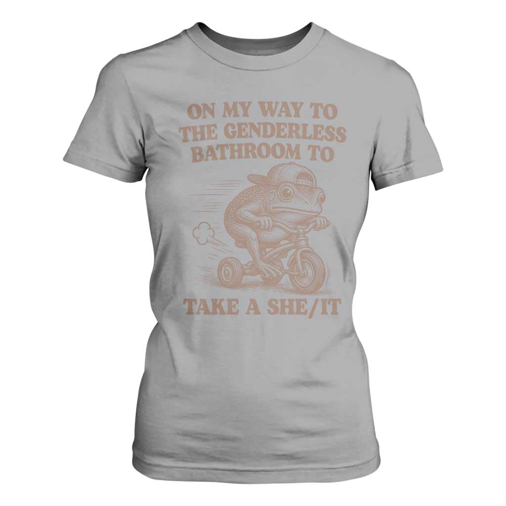On My Way To The Genderless Bathroom To Take a She/It T Shirt For Women Funny Frog Graphic