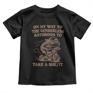On My Way To The Genderless Bathroom To Take a She/It Toddler T Shirt Funny Frog Graphic