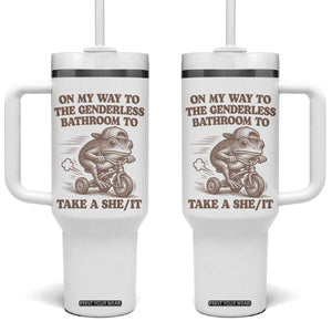 On My Way To The Genderless Bathroom To Take a She/It Tumbler With Handle Funny Frog Graphic