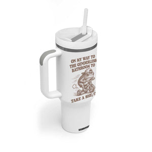 On My Way To The Genderless Bathroom To Take a She/It Tumbler With Handle Funny Frog Graphic