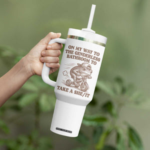 On My Way To The Genderless Bathroom To Take a She/It Tumbler With Handle Funny Frog Graphic