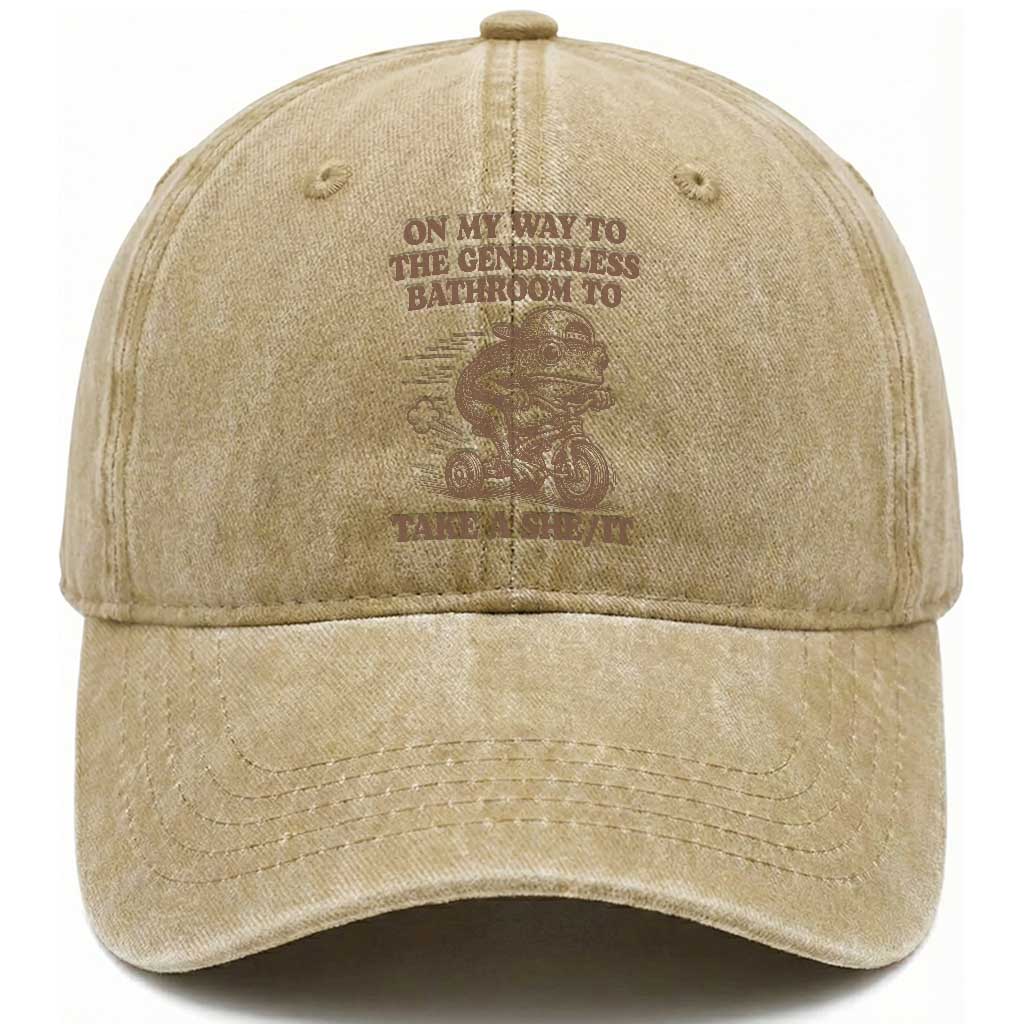 On My Way To The Genderless Bathroom To Take a She/It Washed Cotton Baseball Cap Funny Frog Graphic TS10 Print Your Wear