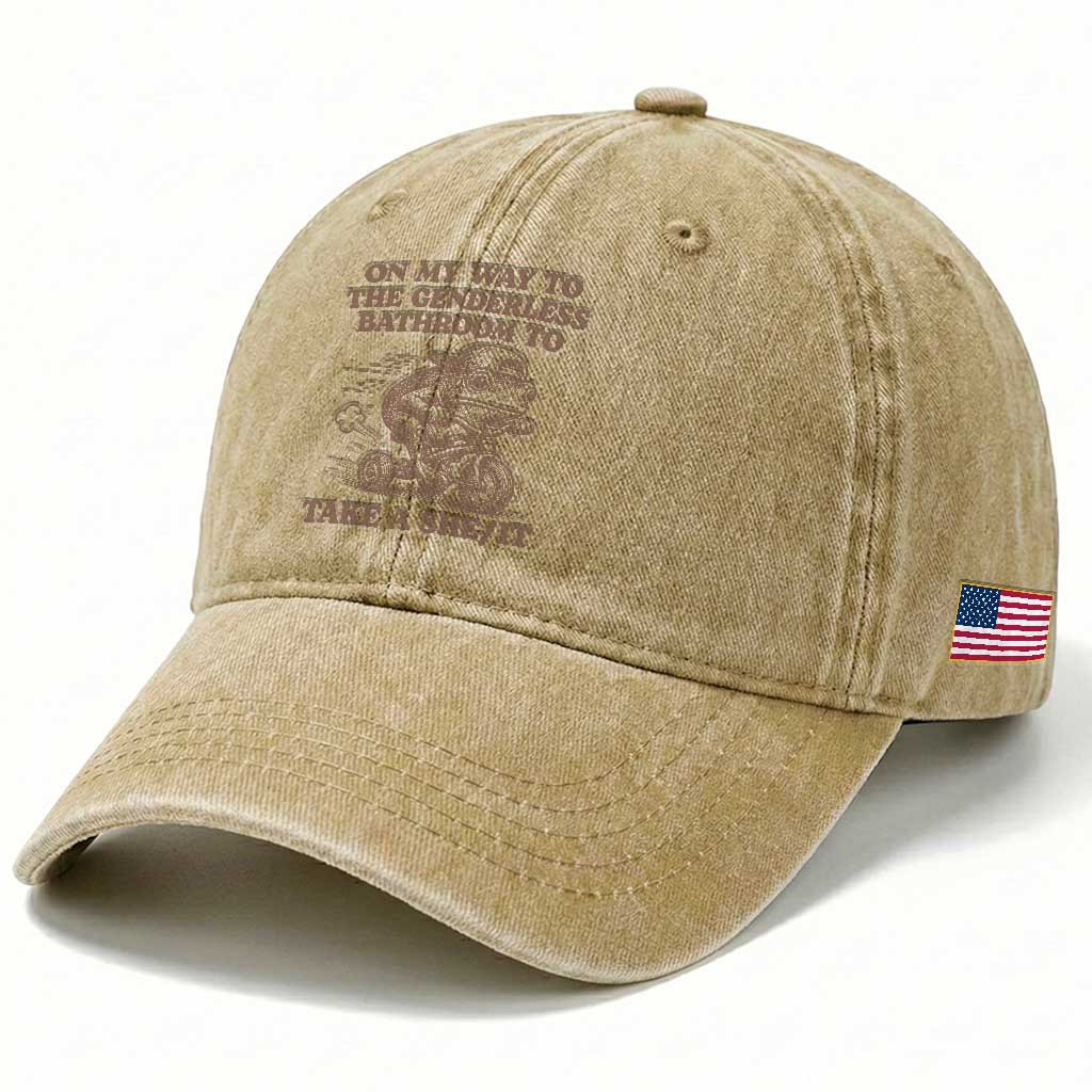 On My Way To The Genderless Bathroom To Take a She/It Washed Cotton Baseball Cap Funny Frog Graphic