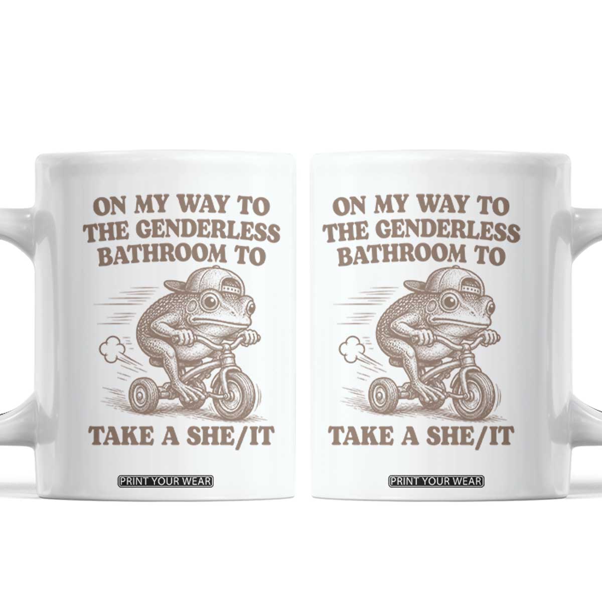On My Way To The Genderless Bathroom To Take a She/It Coffee Mug Funny Frog Graphic