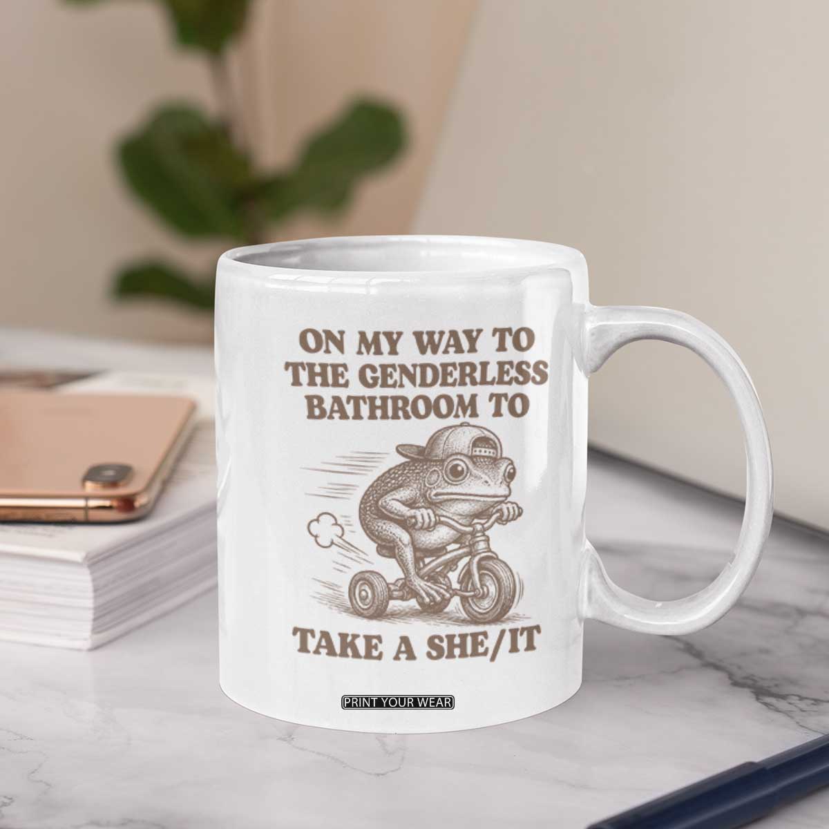 On My Way To The Genderless Bathroom To Take a She/It Coffee Mug Funny Frog Graphic