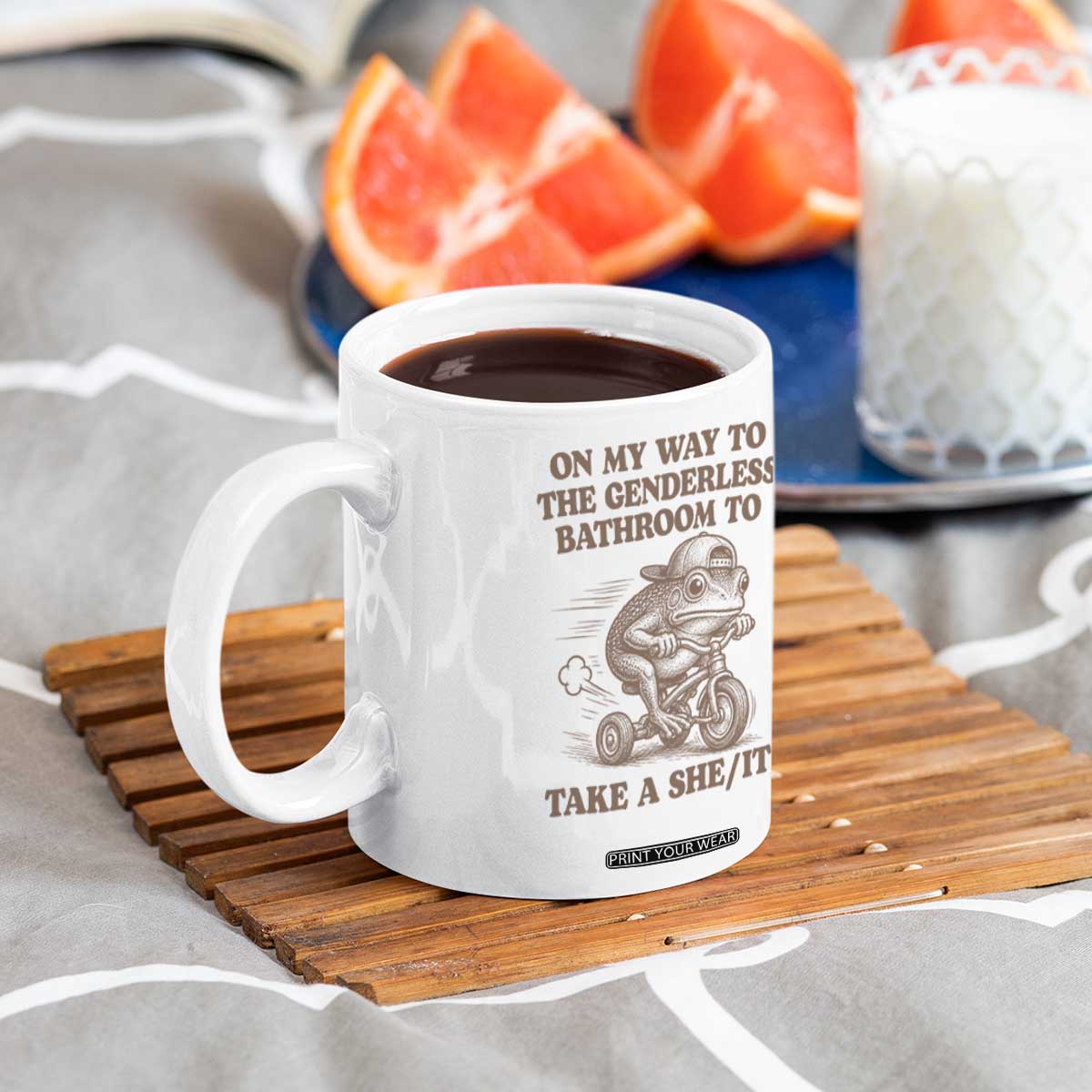 On My Way To The Genderless Bathroom To Take a She/It Coffee Mug Funny Frog Graphic