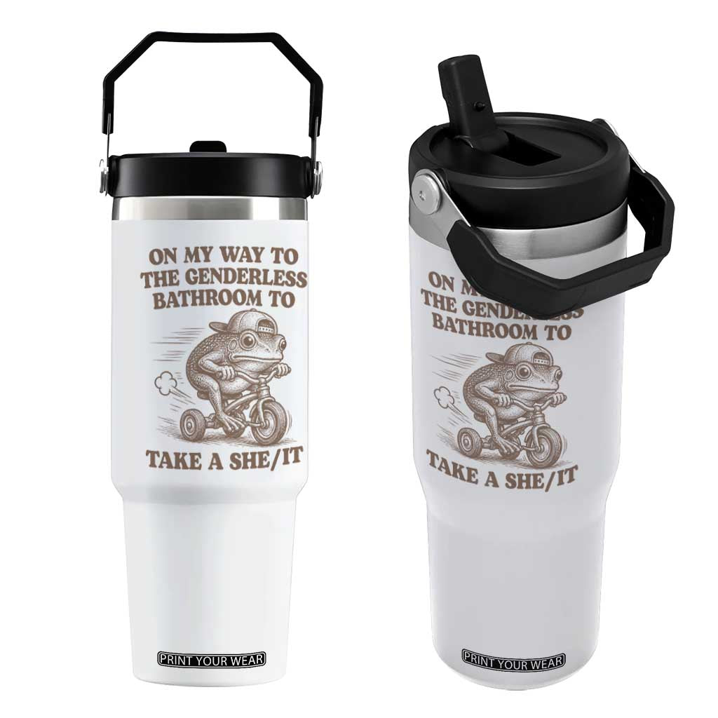 On My Way To The Genderless Bathroom To Take a She/It Flip Straw Tumbler Funny Frog Graphic